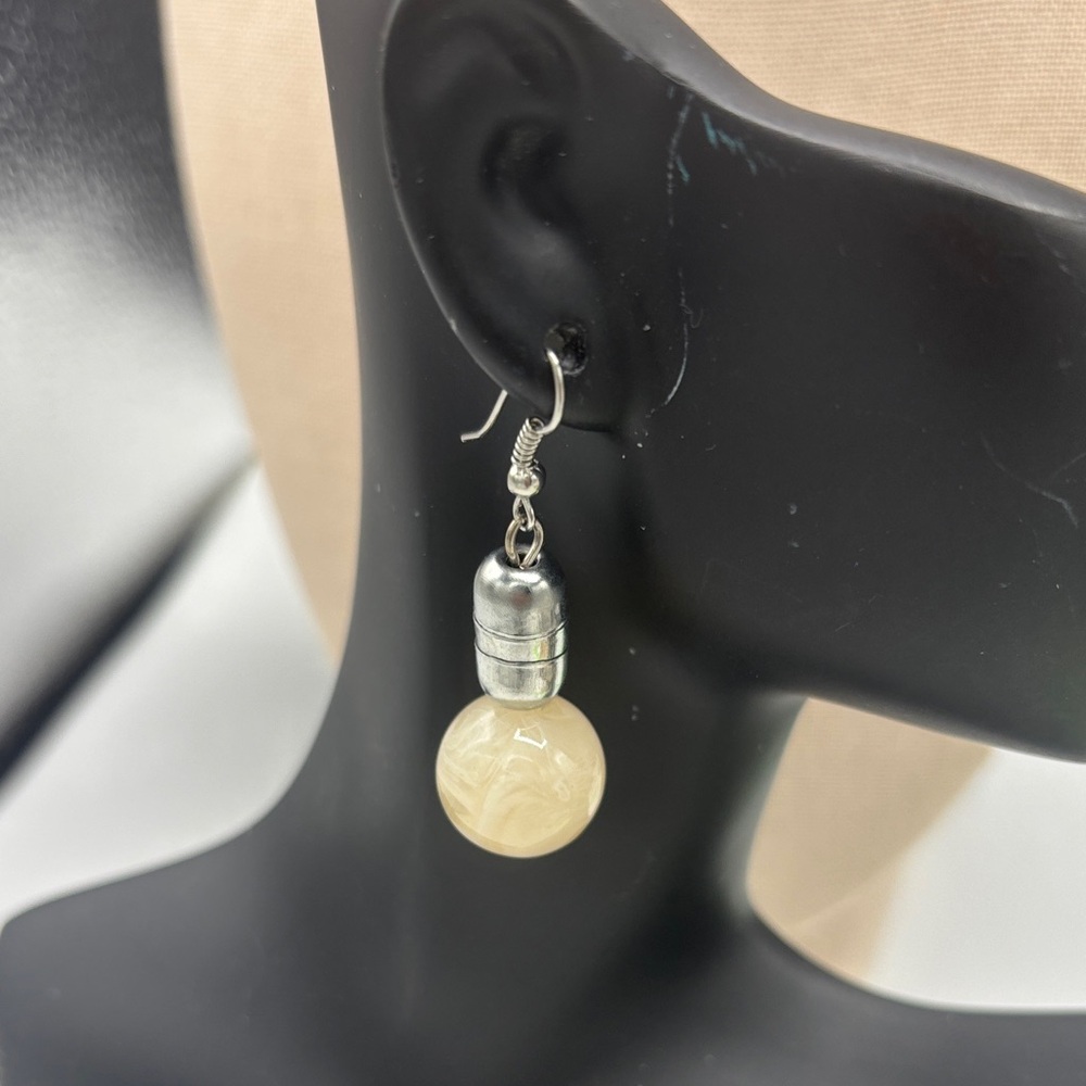 Cream Bead Drop Earrings with Silver-Tone Accent